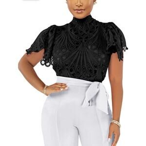 Short Sleeve Hollowed Out Lace Shirt- Size Medium